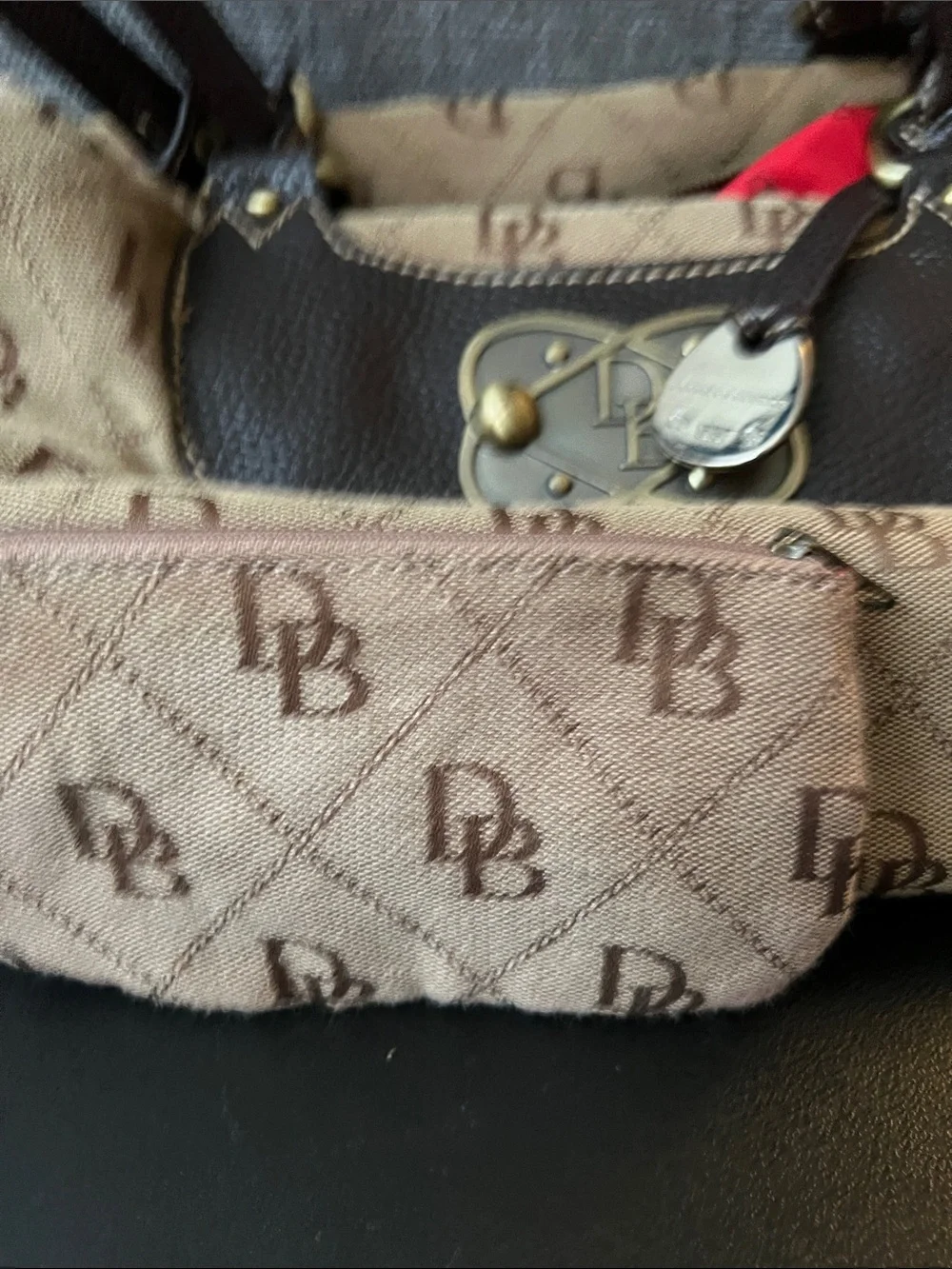 Dooney & Bourke Beige Satchel with Brown Trim and DB Monogram